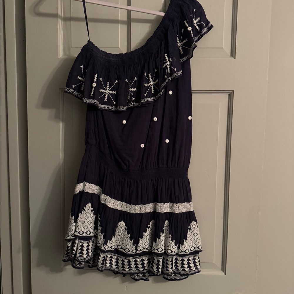 Joie Asymmetrical Blue and White Ruffled Mini Dress